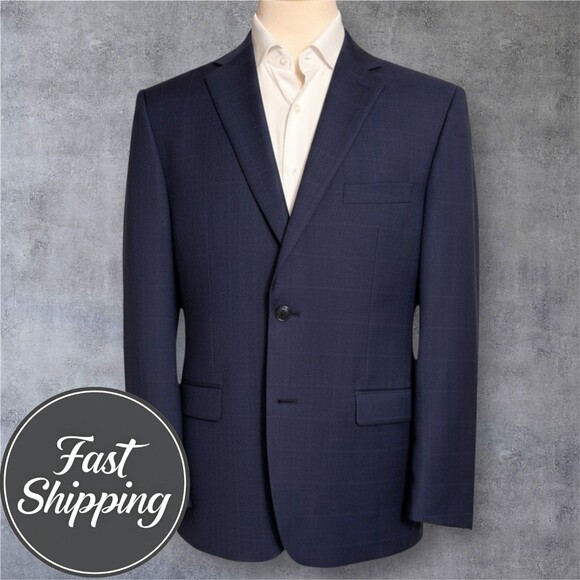 Ralph Lauren Men's 46R Navy Wool Blend Blazer Sport Coat 2-Button Jacket Plaid - Picture 1 of 15